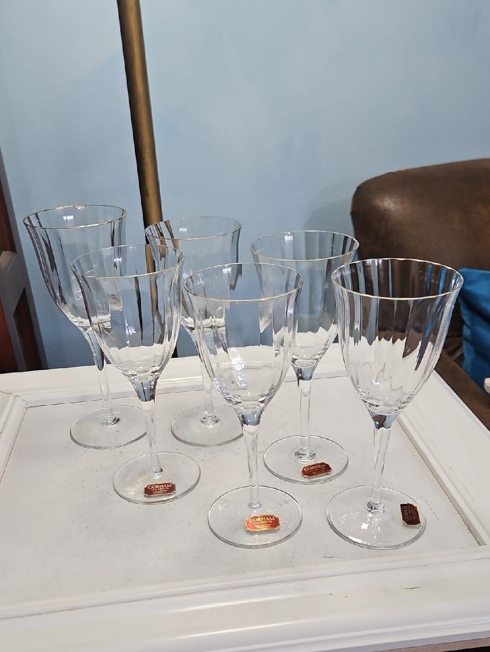 Gorham Fine Crystal Laurin Gold Rim Clear Wine Glasses Set Of 6